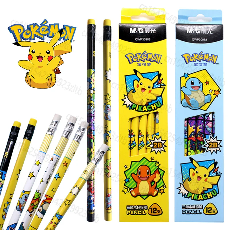 12Pcs/Box Pokemon Wooden Lead Pencils Set 2B Pencil with Eraser Anime Squirtle Piakchus Kids Student Stationery School Supplies