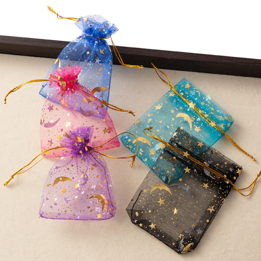 50PCS Mix Moon Stars Drawstring Organza Bags Jewelry Gift Bags Pouches Gold Star Organza Favor Pouches สำหรับงานแต่งงานคริสต์มาส