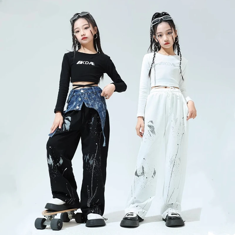 Ensemble haut court et pantalon Splash Ink At pour filles, t-shirt graffiti Hip Hop, costume de danse de rue cool pour enfants, vêtements de jazz pour enfants