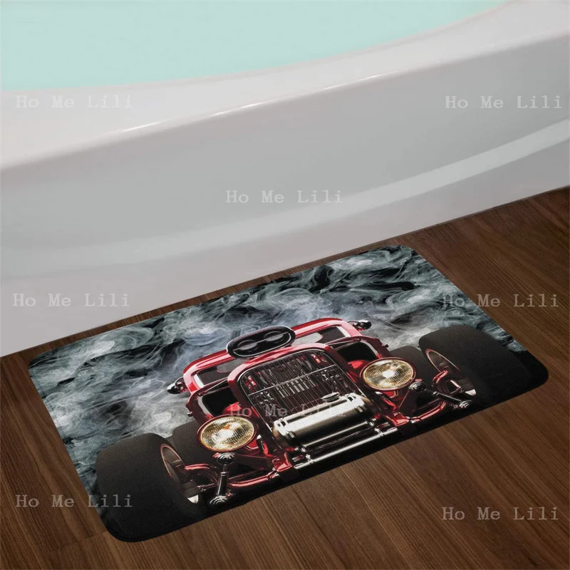 Classic Car Flannel Floor Rugs Cool Vintage Vehicle With Psychedelic Smokes Background Speed Excitement Themes Carpet Decoration