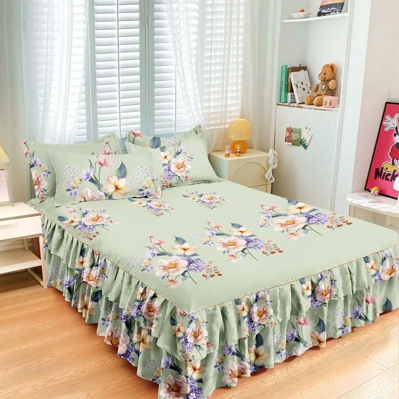 Imagem -04 - Conjunto de Colcha de Algodão com Bordado Saia de Cama Fronhas Capa de Folha Rei e Rainha Duplo 1.2 m 1.5 m 1.8 m m Pcs por Conjunto