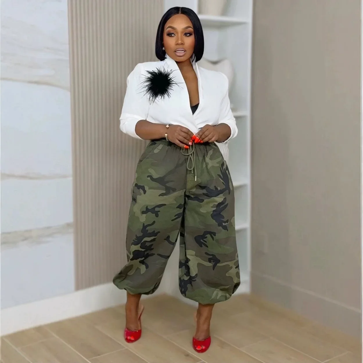 Camouflage Pant Women Pants Ankle Length Loose Elastic Waist Straight Trousers Y2k Streetwear Lace Up Elegant Work Casual Summer