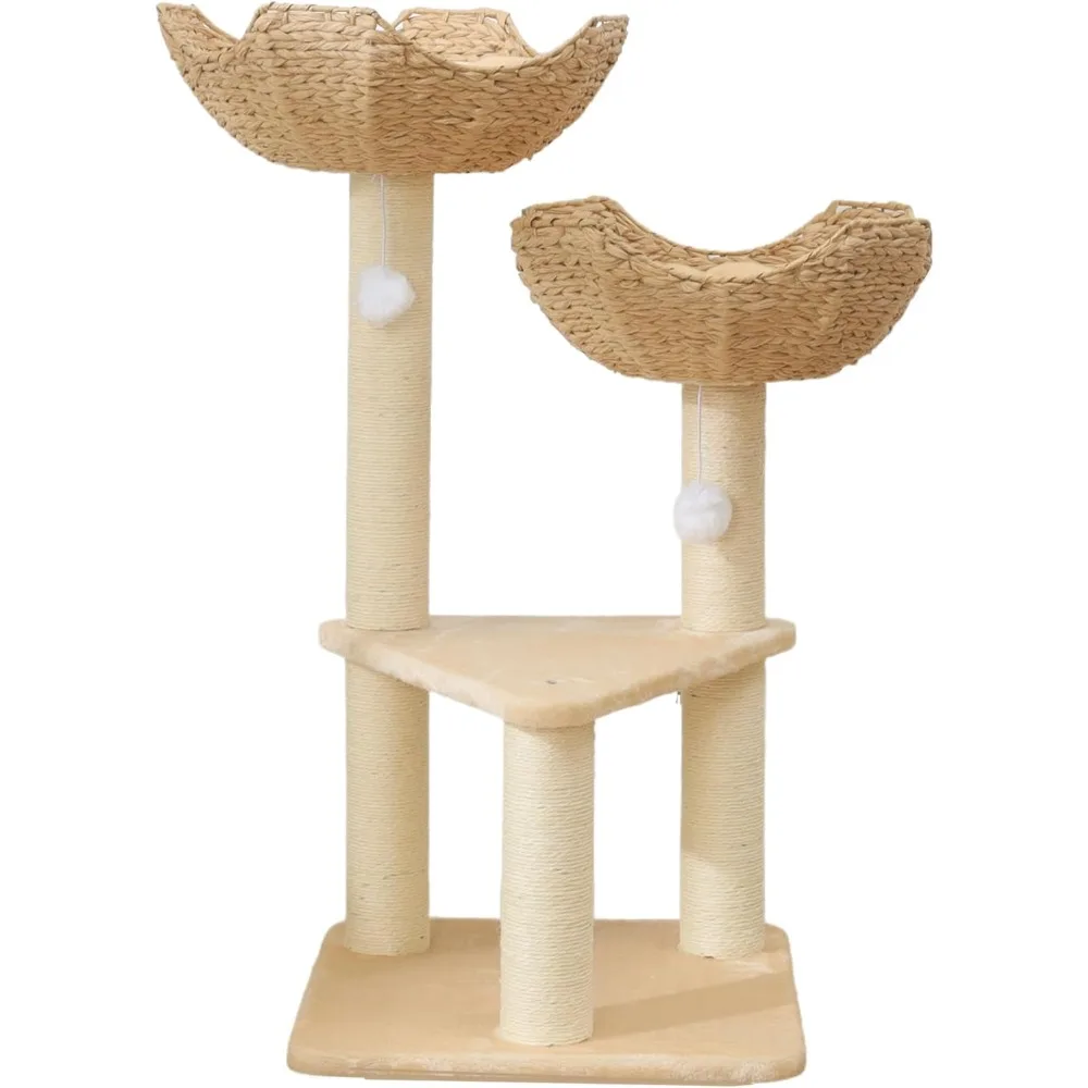 

Rattan Wicker Cat Tower with 2 Nest Basket Beds and Window Perch for Large Cats Up to 25 lbs