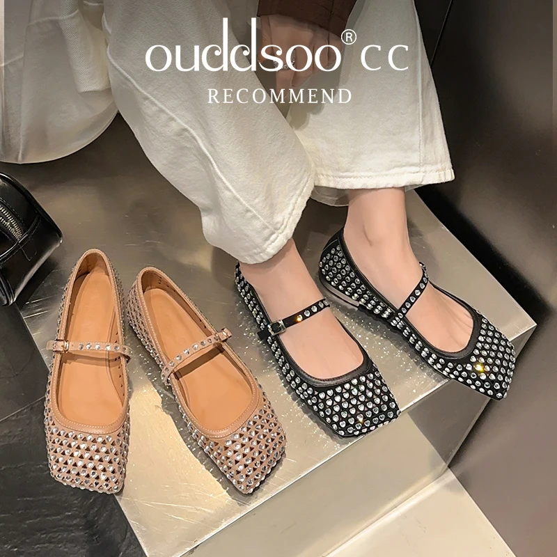 

Ods Shinny Rhinestone Ballet Crystal Shoes Women Square Toe Hollow Flat Heels Loafers Women Shallow Buckle Strap Mary Janes Shoe