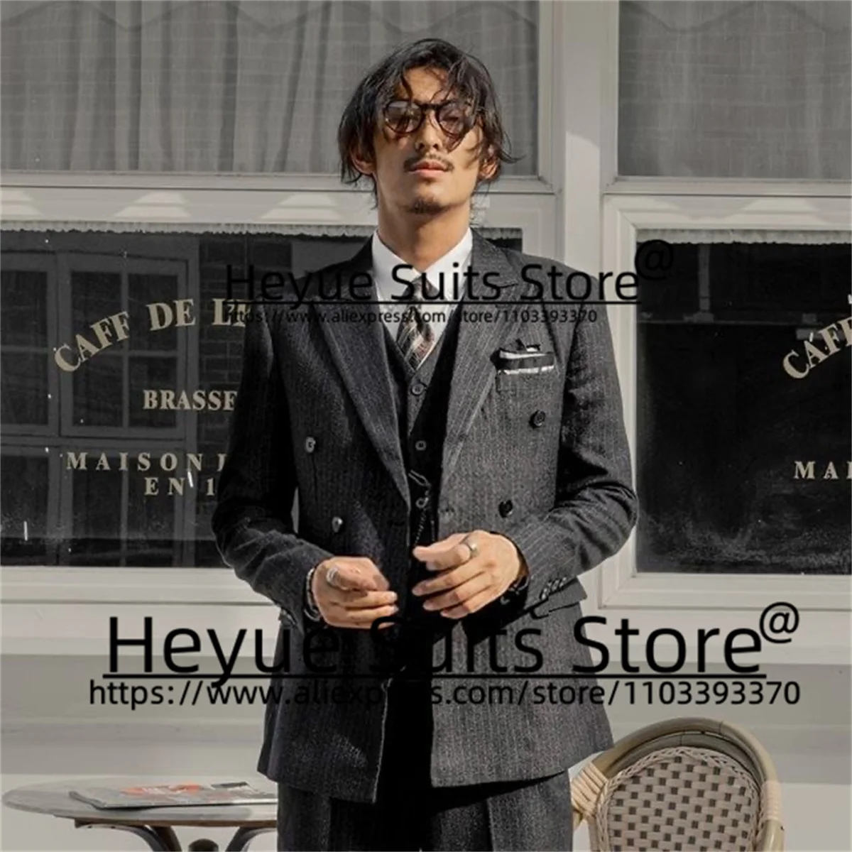 

Dark Grey Streak Classic Wedding Men Suits Slim Fit Double-breasted Groom Tuxedos 3 Pics Sets Business Male Blazer Costume Homme