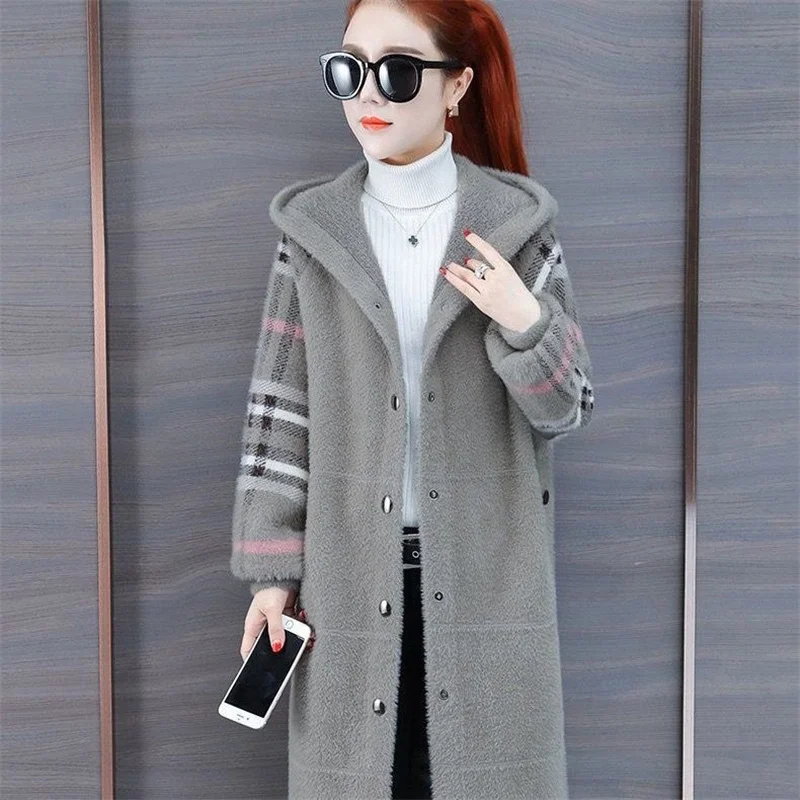 Socialite-chaqueta con capucha de imitación de visón para mujer, abrigo largo de ocio, estilo coreano, holgado, con bolsillos y costuras, novedad de