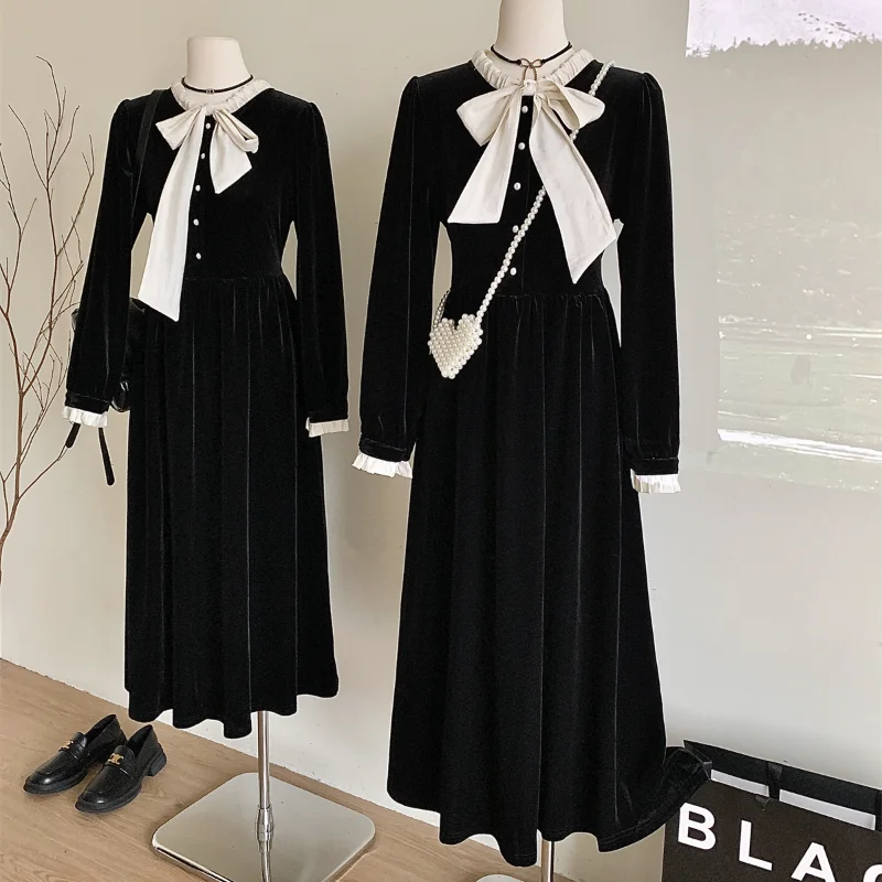 Vestido elegante francês de veludo preto para mulheres, gola borboleta, manga folhada, doce coreia, jantar, vestido longo feminino perfumado pequeno, na moda