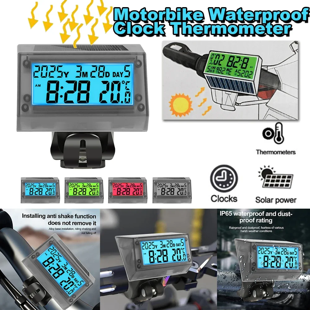 Solar-Motorrad-Digitaluhr, Datum, Woche, Temperatur, LCD-Display mit Hintergrundbeleuchtung, wasserdichtes Thermometer, ausgestattet mit Motorradständer