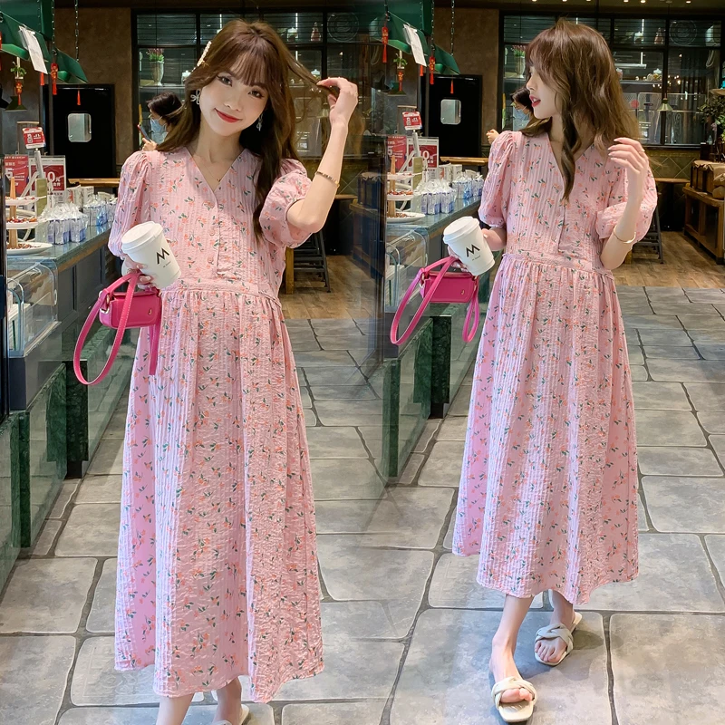 

6833# Floral Pinted Maternity Dress Summer Korean Fashion A Line Loose Clothes for Pregnant Women Sweet Pregnancy