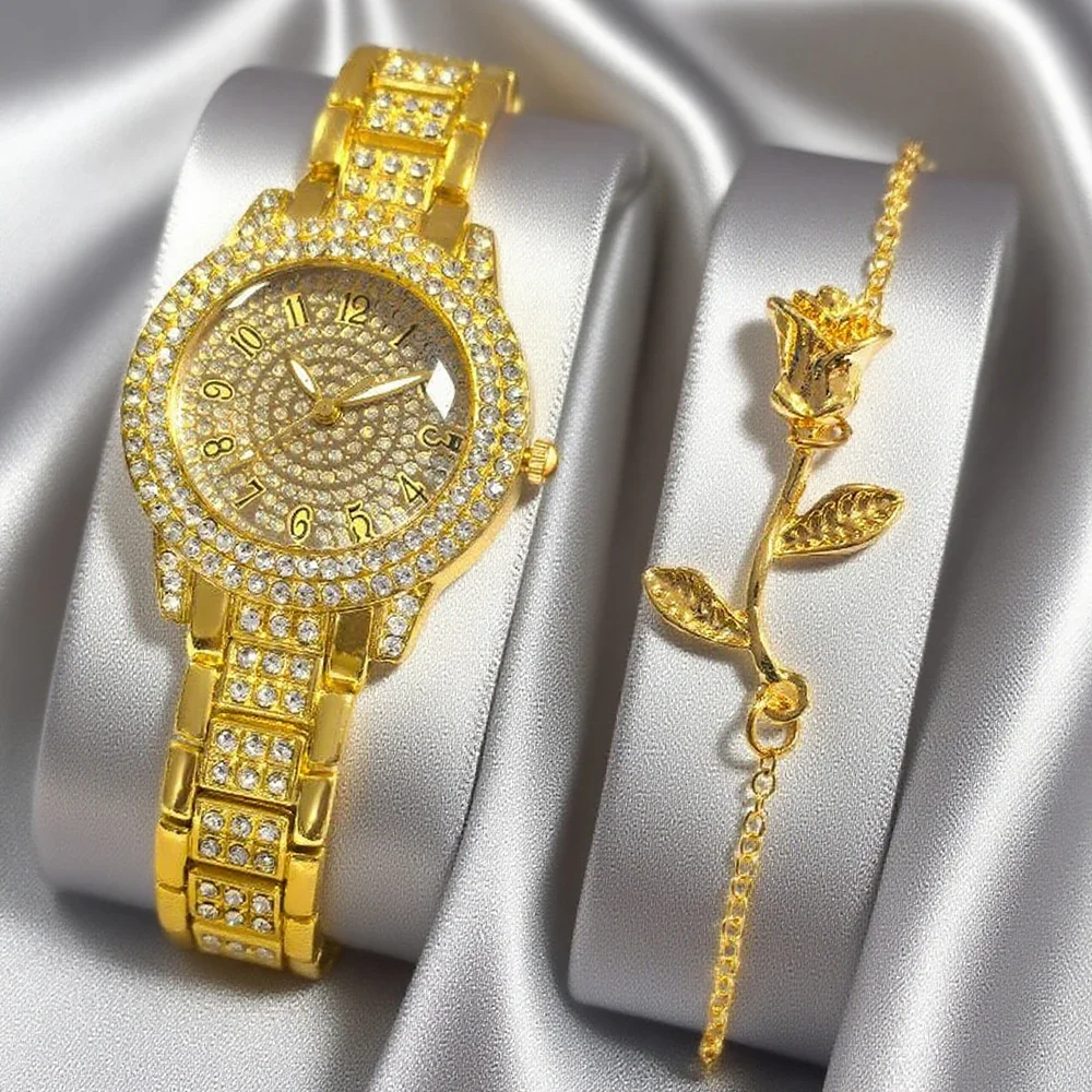 2pcs retro gorgeous women's quartz watch and rose bracelet combination set suitable for daily wear
