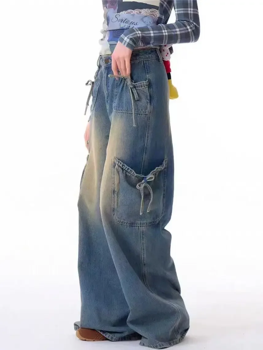 여성 빈티지 블루 보우 레이스업 멀티 포켓 Y2K 카고 청바지 90년대 아메리칸 레트로 스트릿웨어 하이웨이스트 루즈 와이드 레그 데님 팬츠
