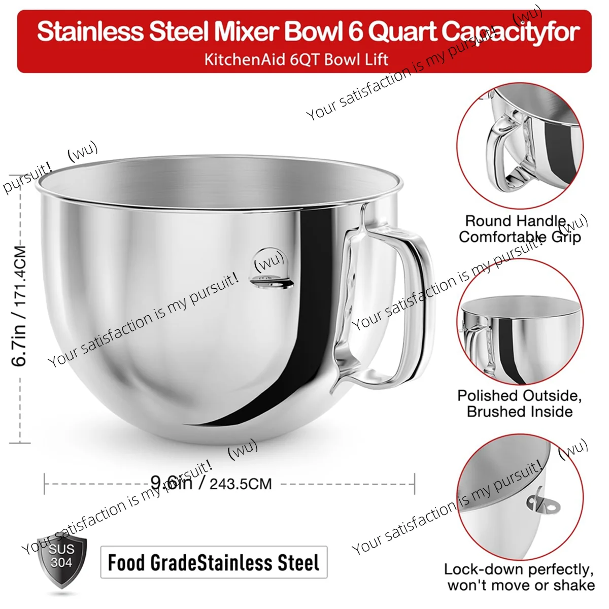 

Suitable for vertical mixer 6QT stainless steel mixing bowl, for 6QT tilt head mixer with handle