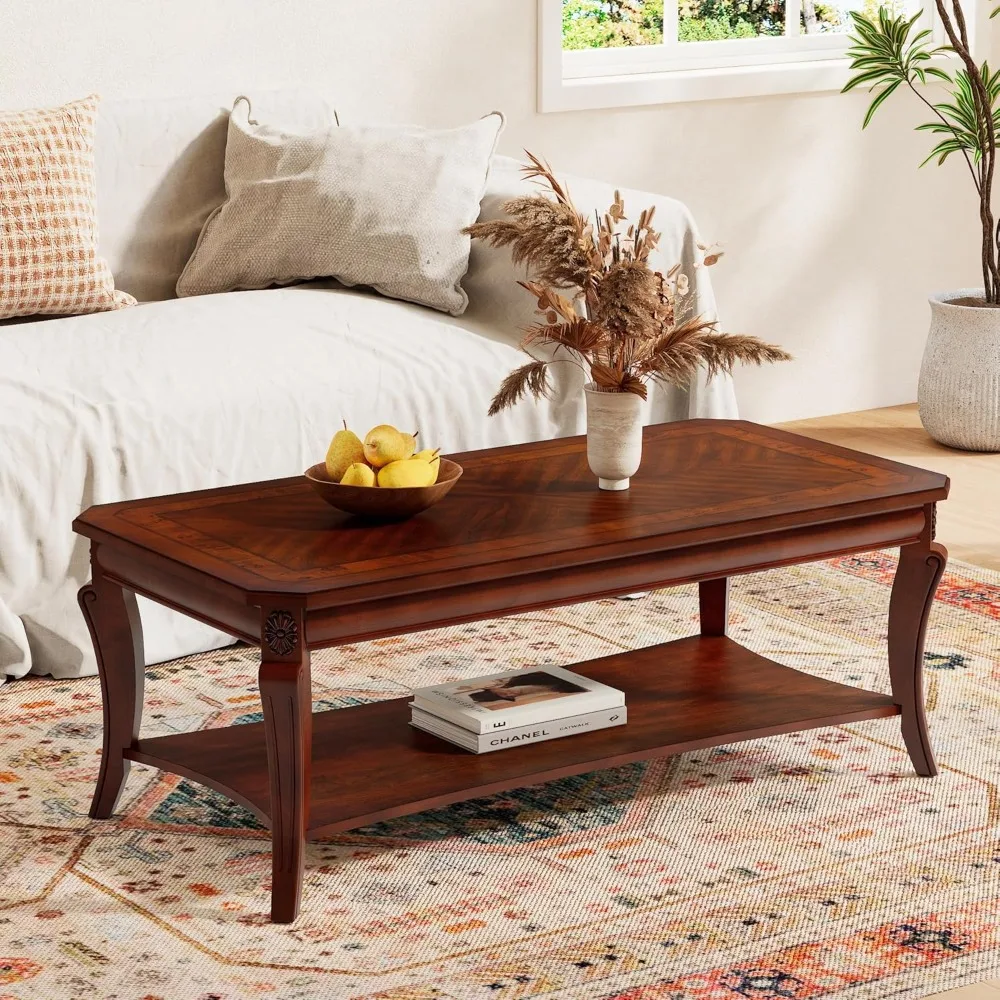 

Traditional Wood Coffee Table With Storage Shelf, Rectangle Solid Wood Tea Table With Curved Legs, 2-Tier Wooden Cen
