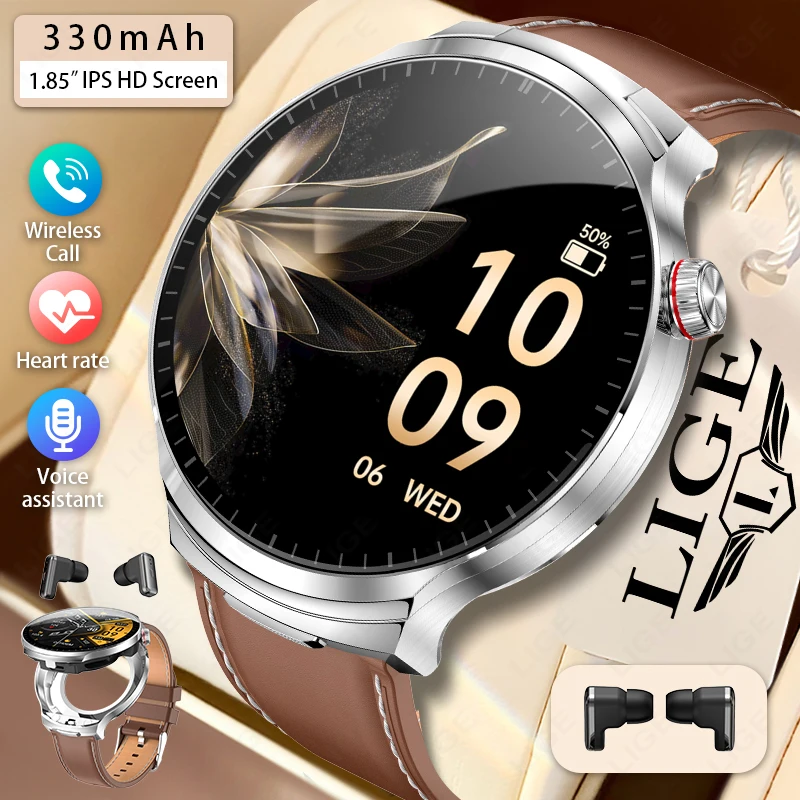 

LIGE New 2 in 1 Headphone Smart Watch Men 1.85” HD Big Screen Voice assistant Bluetooth Call Men’s Watches Waterproof Smartwatch