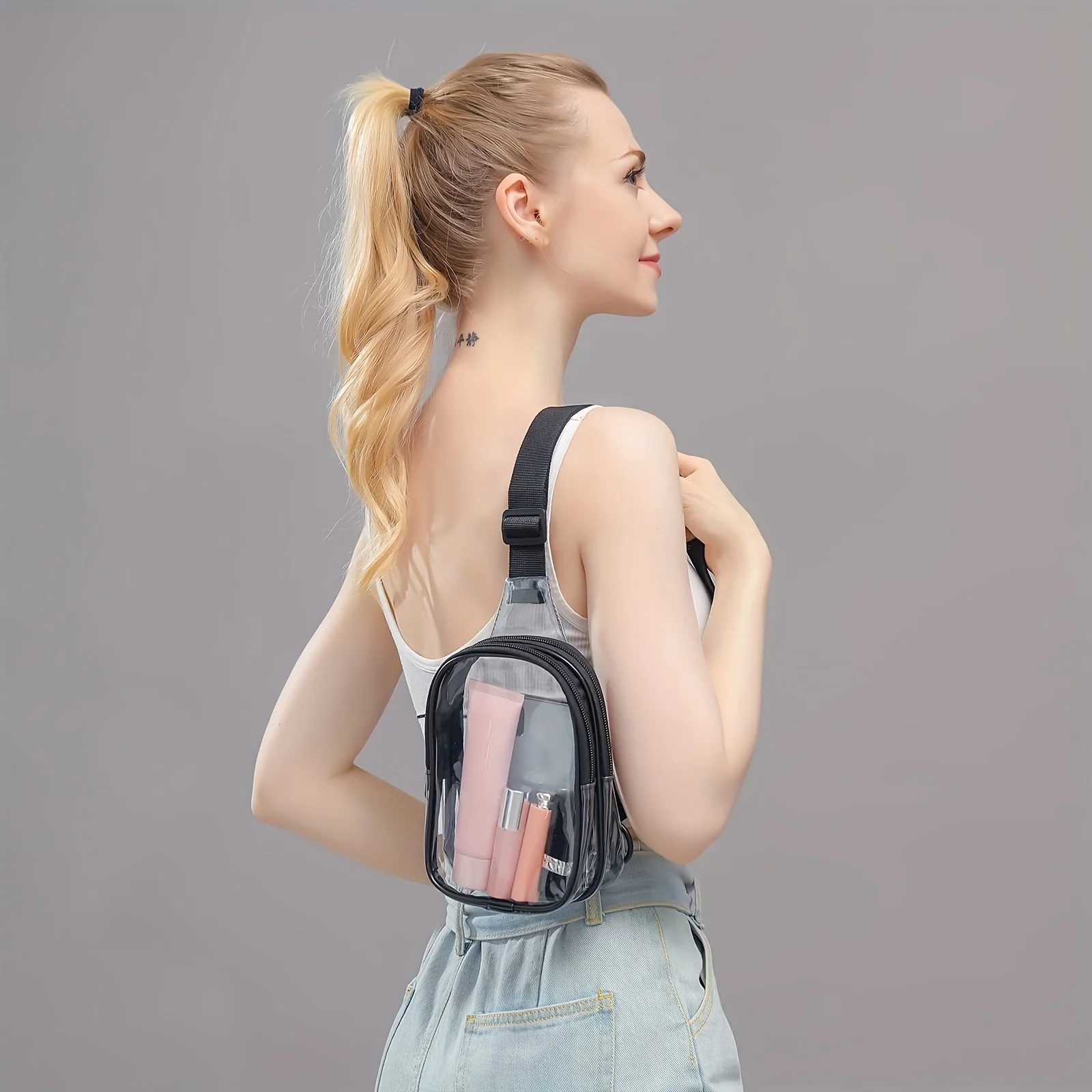 Clear Sling Bag, Clear Fanny Pack Stadium Approved Crossbody Bag Purses for Women Heavy Duty Transparent Chest Bag with Adjustab