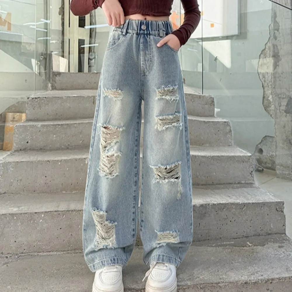 

Рваные широкие детские джинсы с высокой талией, синие, для девочек-подростков, в корейском стиле, уличная мода, джинсовые брюки для девочек, подарок для девочек