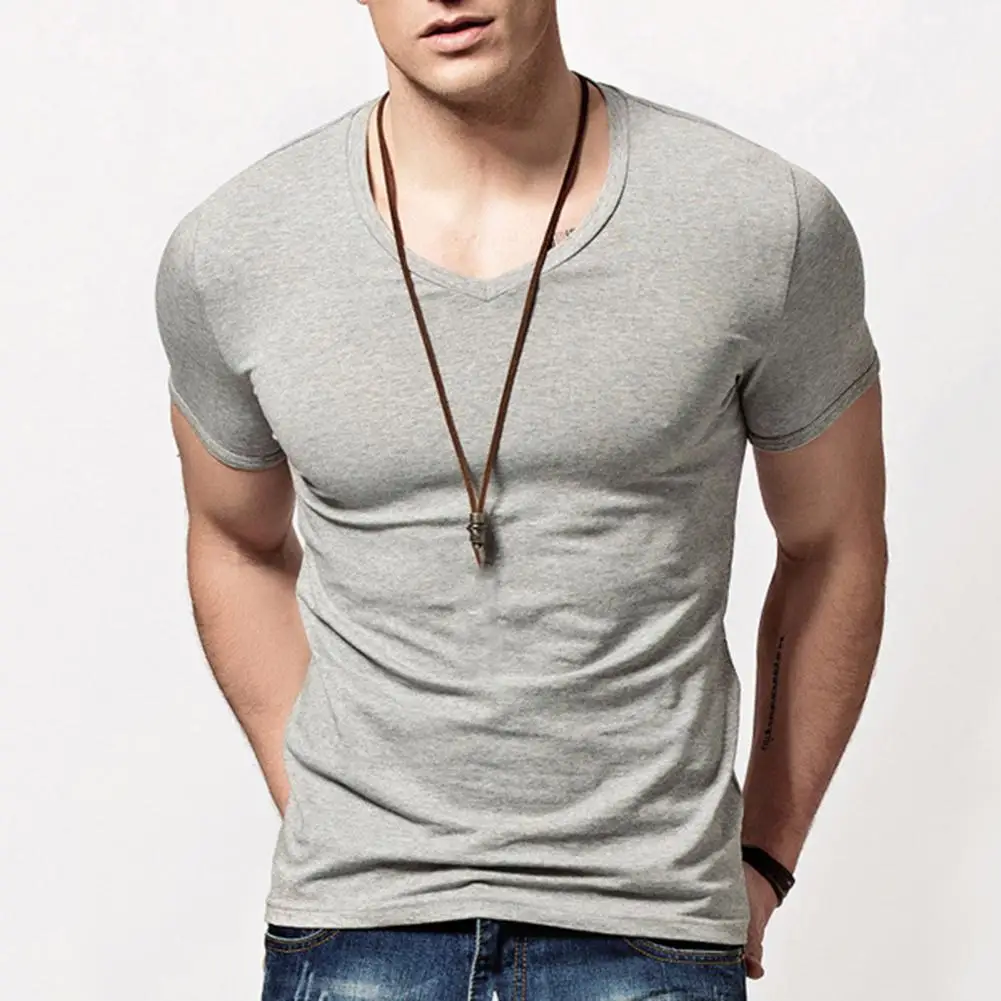 Summer Men Top Short Sleeves V Neck Slim Fit Solid Color Thin Elastic Mid Length Casual Pullover Daily Homewear Sport T-shirt