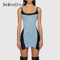 TWOTWINSTYLE Slimming Patchwork Denim Dress For Women Square Collar Sleeveless High Waist Bodycon Mini Dresses Female Fashion