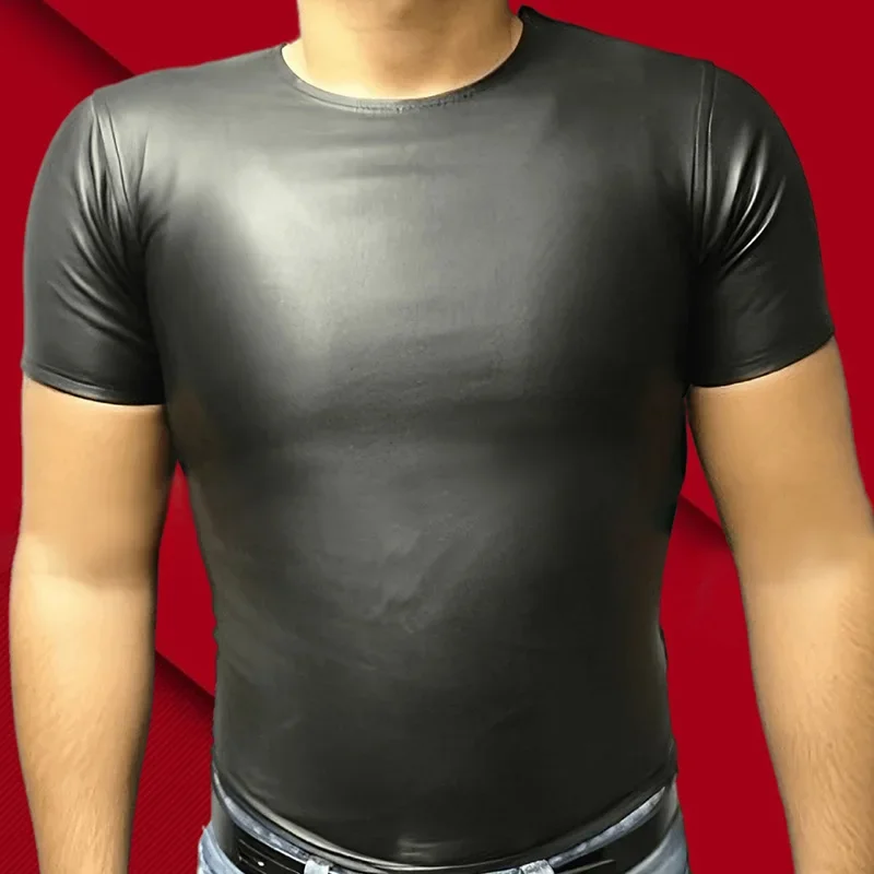 Sexy Wet Look Faux Leather Men Lingerie Night Club Muscle Fitness Tops Tees PU Short Sleeves Tight T Shirts New Fashion Black