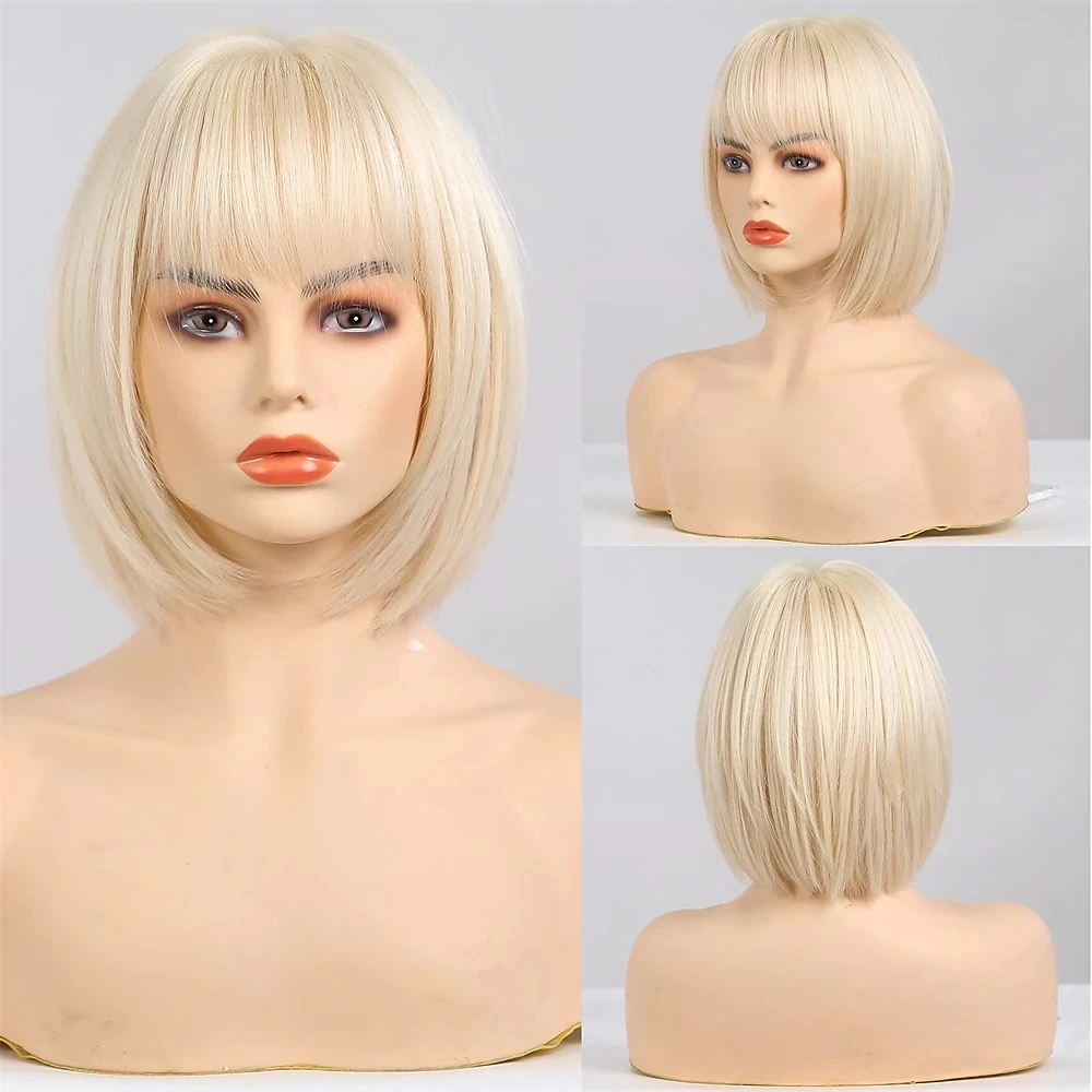 Blonde Short Straight Costume Wigs for Women Synthetic Wig Straight Bob Wig Short bob wig with bangs Synthetic Hair wigs 10 inch