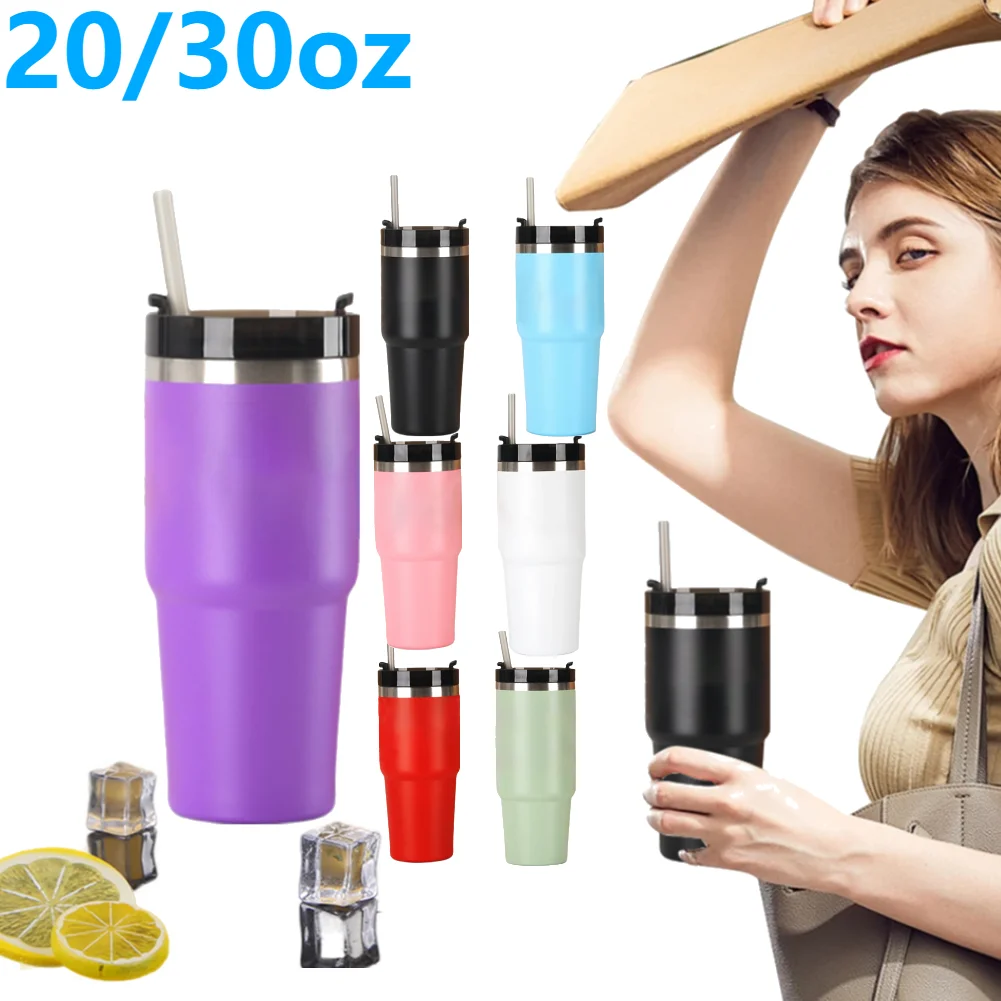 20/30oz Vacuum Insulated Cup with Straw Portable Water Cup Stainless Steel Vacuum Thermal Insulated Mug for Cold Hot Beverages