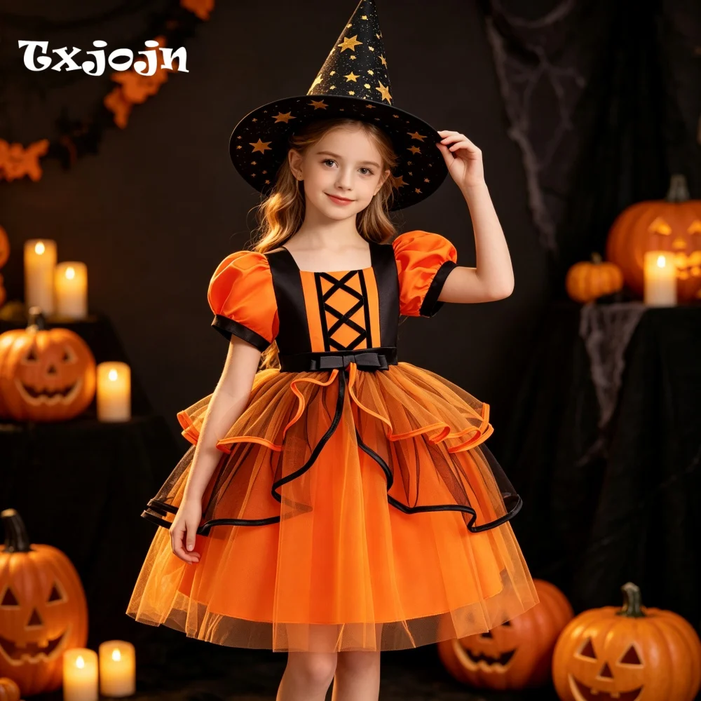 Halloween Girl's Dress with Free Hat 3-14 Years Old Girl's Layered Fluffy Dress Puff Sleeve Mesh Dress Performance Dress