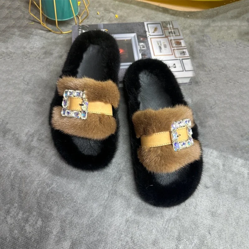 Mink Fur Slippers Women's Real Fur Slides Adult Platform Mule Shoes for Woman Thick Sole Slides Women's Sandals Summer 2026 view 3
