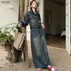 Ankle-Length Women Denim Dresses Spring Autumn With Belt Korean Fashion Loose Casual Large Size Long Sleeve Dress Vintage Female