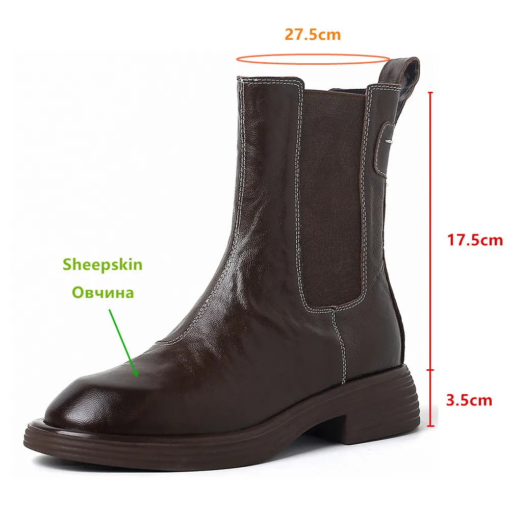 Aucegi Spring Autumn Real Leather Chelsea Ankle Boots Retro Women Round Toe British Style Slip On Daily Life Manual Made Shoes