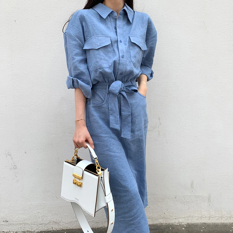 

Pocket Botton Linen Casual Shirt Dress Midi Pink Elegant Office Korean Long Sleeve Streetwear Retro Blue Turn-down Colla Jurken