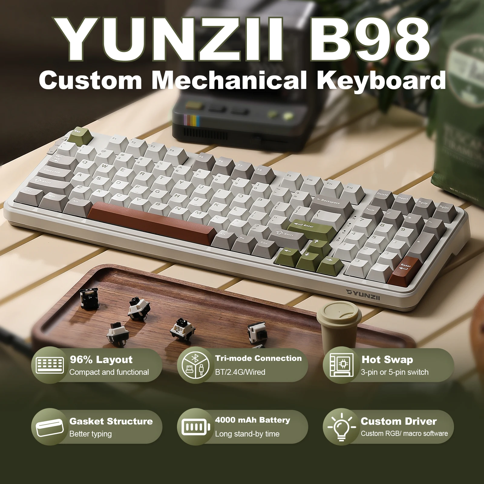 YUNZII B98 Beige Wireless Mechanical Gaming Keyboard with Numpad, Hot Swappable Gasket Mounted RGB Backlit Custom Keyboard