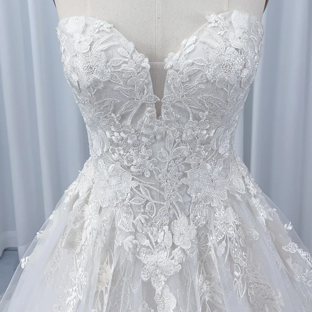 Simple Strapless Wedding Dresses A-line Backless Long Evening Gowns White Lace Brushstroke Trailing Dresses vestidos de novia