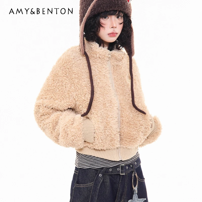 

Autumn Winter New Stand Collar Short Lamb Wool Women's Jacket American Retro Loose Versatile Warm Thickened Cotton Coat Ladies