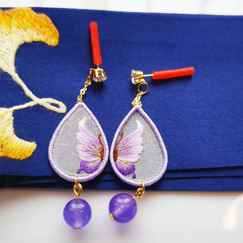 

Oriental Aesthetic Women Purple Hand Embroidered Earring With Butterfly Wings Pattern Stitch Eardrop Chic Ear Wear Accessories