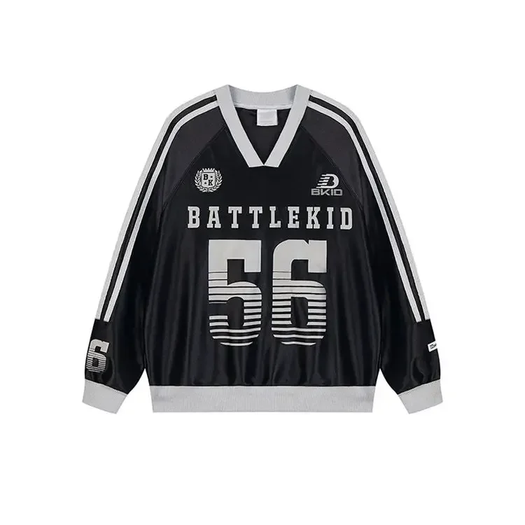 

American Sweet Satin V-neck Spliced Jersey T-shirt for Men and Women in Spring and Summer Sports Loose Long-sleeved Tops