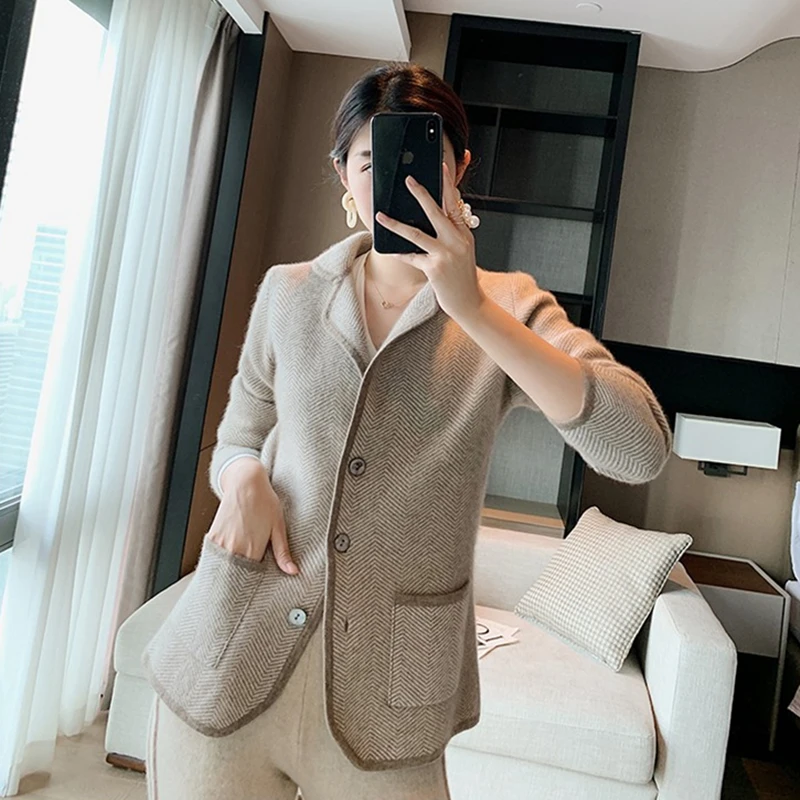 100% cashmere wool sweater cardigan new autumn and winter ladies suit collar sweater coat casual loose knitted coat long sleeves