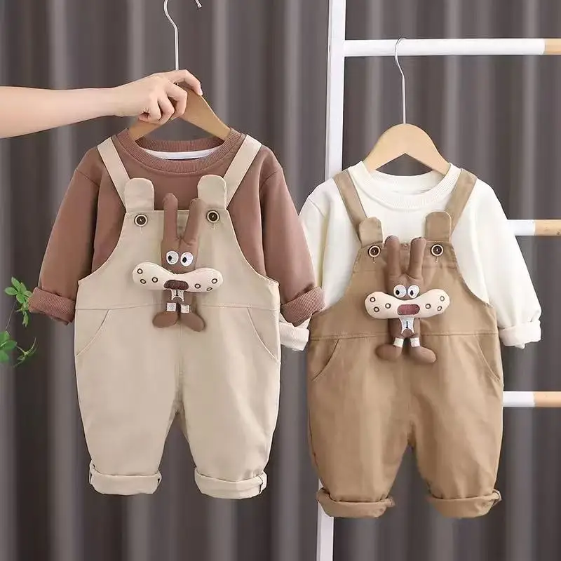 New Children Spring Autumn Clothing Cartoon Long Sleeve Pullover T-Shirt+Overalls 2pcs Outfits Korean Boys Girls Casual Clothes