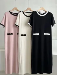 New Elegant French Style Knit Dress Women O-neck Contrast Color Short Sleeve Casual Midi Long Dresses Korean Fashion Vestidos