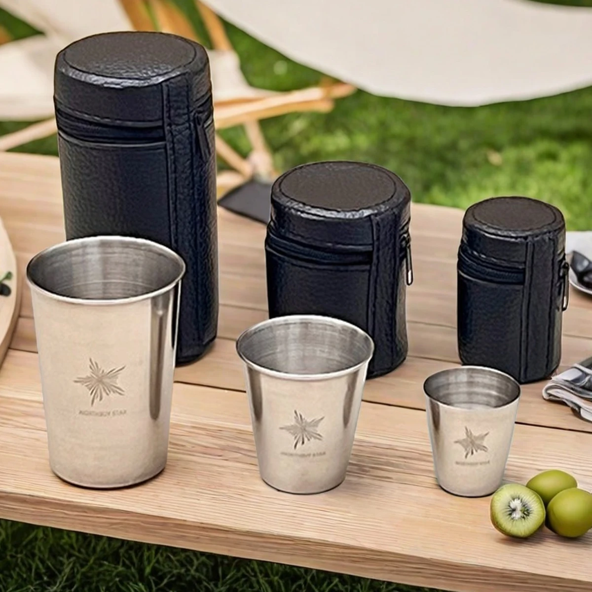 WORTHBUY Outdoor Praktische Reise Edelstahl Tassen Mit Tasche Tragbare Camping Tassen Whisky Wein Gläser Trinkwasser Becher – Detail 2
