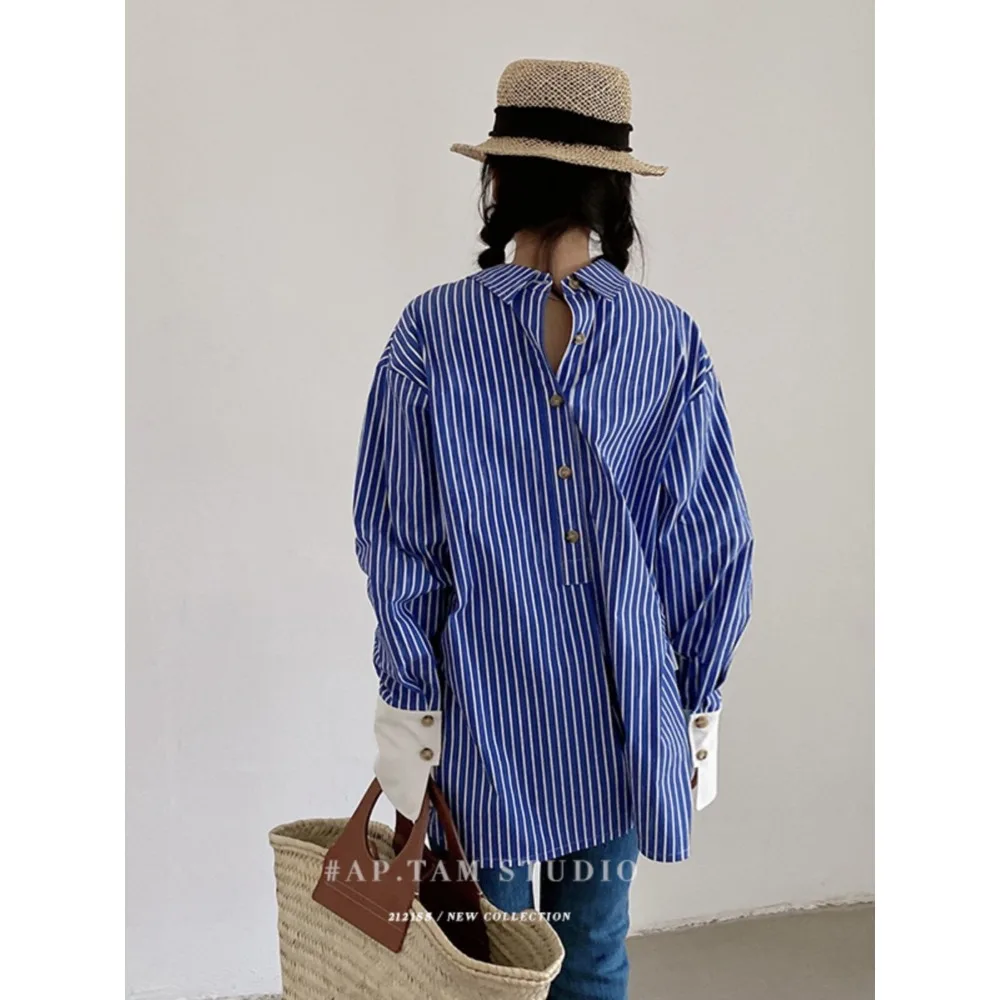 

SuperAen Korean-style Asymmetrical Blue White Striped Classic Shirts Women Spring and Summer New Loose Long-sleeved Shirts