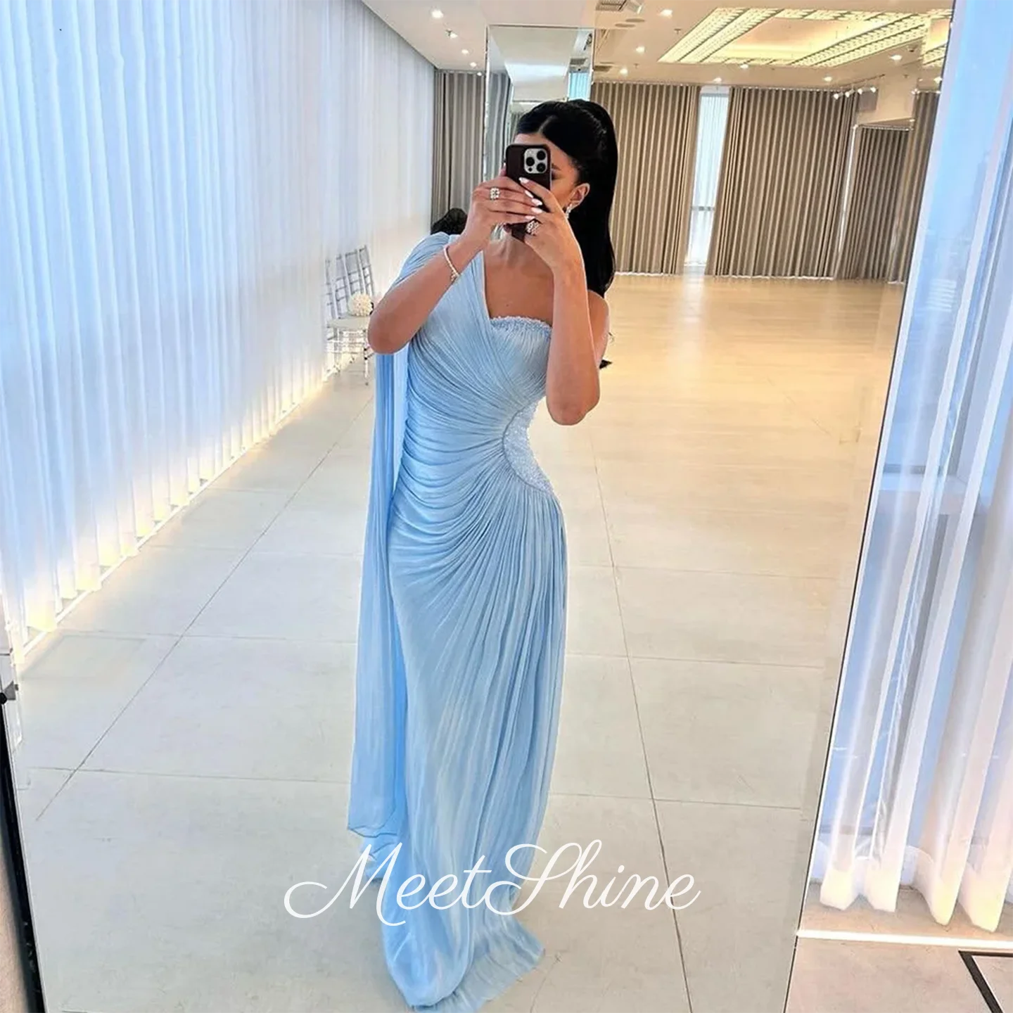 

Sexy Sky Blue One Shoulder Mermaid Prom Dresses Modern Pleat with Cape Sleeve Evening Dresses Formal Occasion Dresses Customized