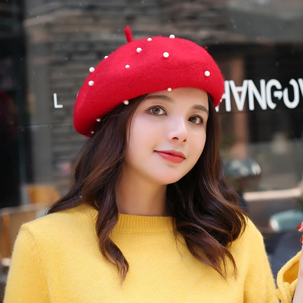

Wool Felt for Women Fashion Girls Ladies Pearl Cap Fashion Girls Beret Winter Elegant Beret Headdress Warm Hat Headwear