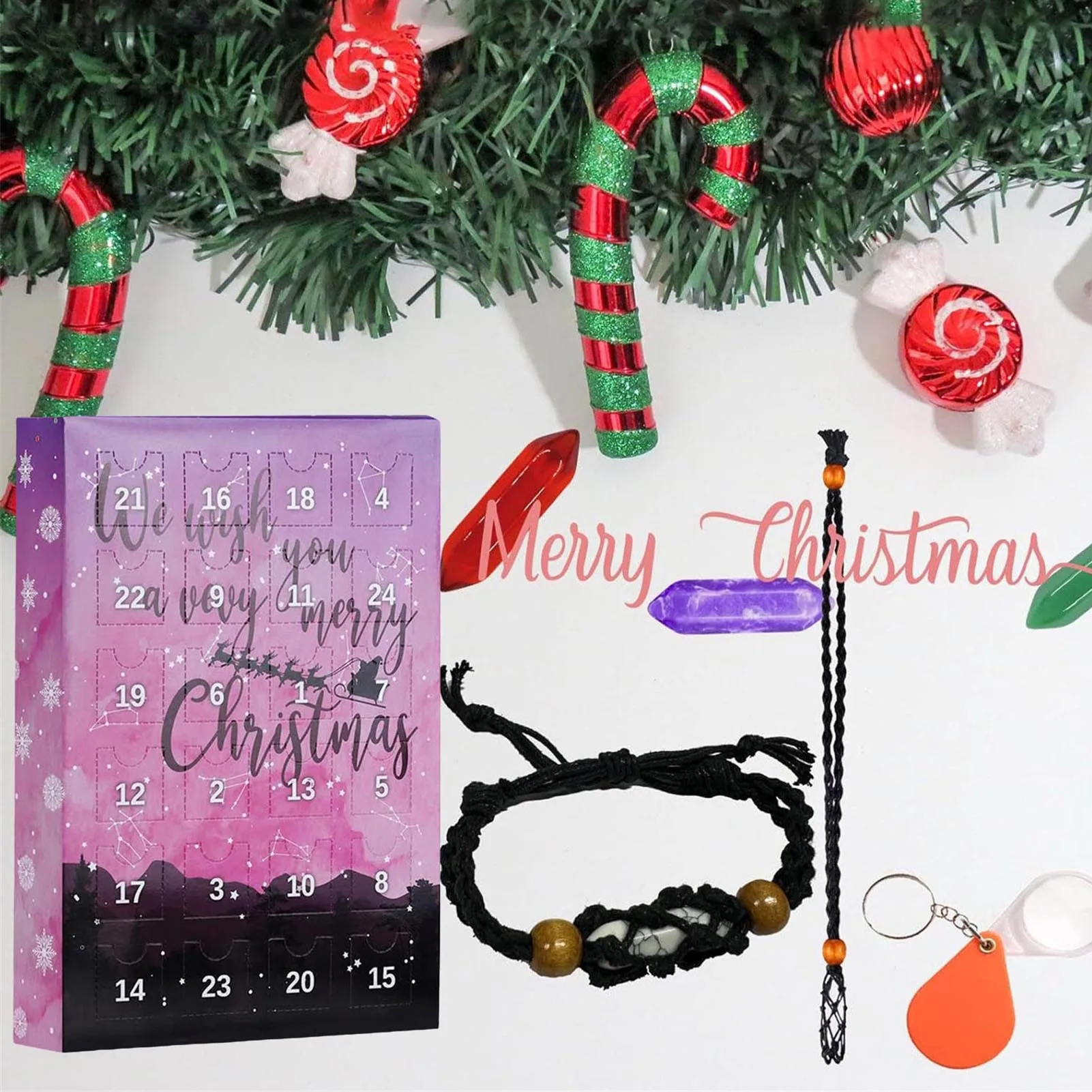 Xmas Countdown Calendar Crystal Kit Healing Stones Kit with Crystal Necklace Holder Gifts for Women Kids Girls Boys Collection