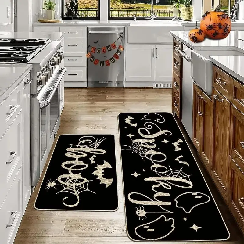 VIKAMA Halloween Kitchen Mat Set Pumpkin Ghost Bat Boo Decors Runner Mat Entryway Holiday Home Decor Aesthetic Art Premium