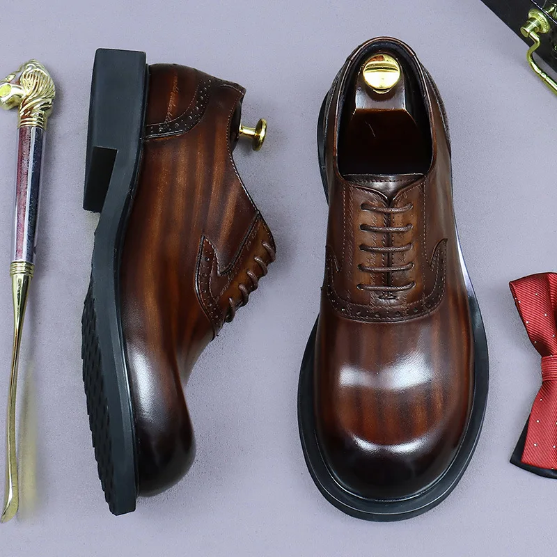 

Мужские туфли дерби из натуральной кожи с градиентным эффектом и толстой подошвой, дизайнерские, на шнуровке, нескользящие, для делового и повседневного стиля