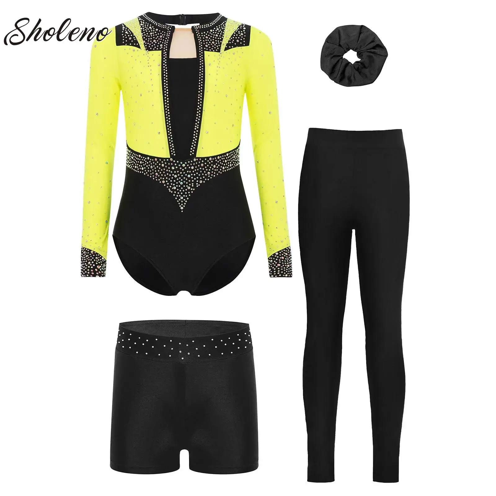 

Kids Girls Figure Skating Performance Costume Gymnastics Jersey Rhinestones Ballet Dance Leotard with Shorts Leggings Hairband