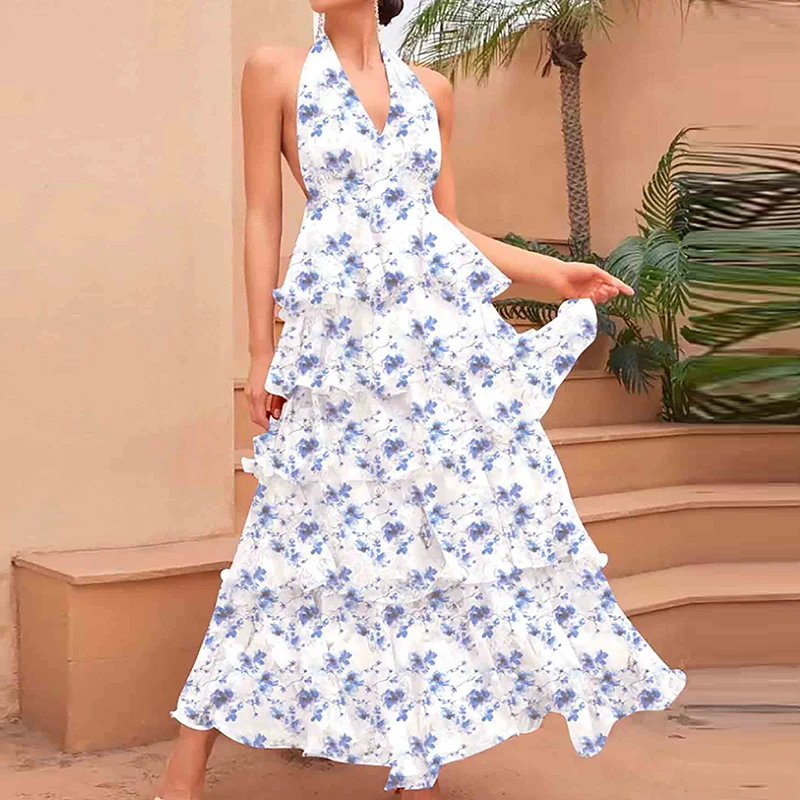 女性のセクシーな背中の開いた中空アウトロングドレスファッションフラワープリントボヘミアンパーティードレスエレガントな V ネックホルターレイヤー休暇ドレス