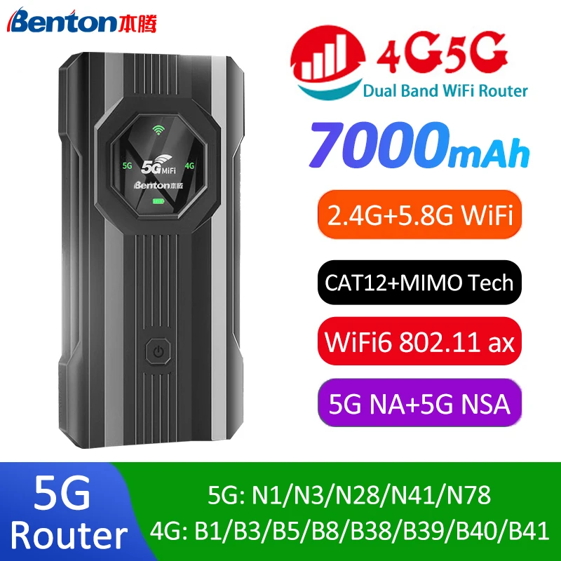 Benton 5G SIM WiFi Router Dual Band WiFi Hotsport Portable 4G 5G Mobile Router with SIM Card Slot WiFi6 CAT12 Pocket Router