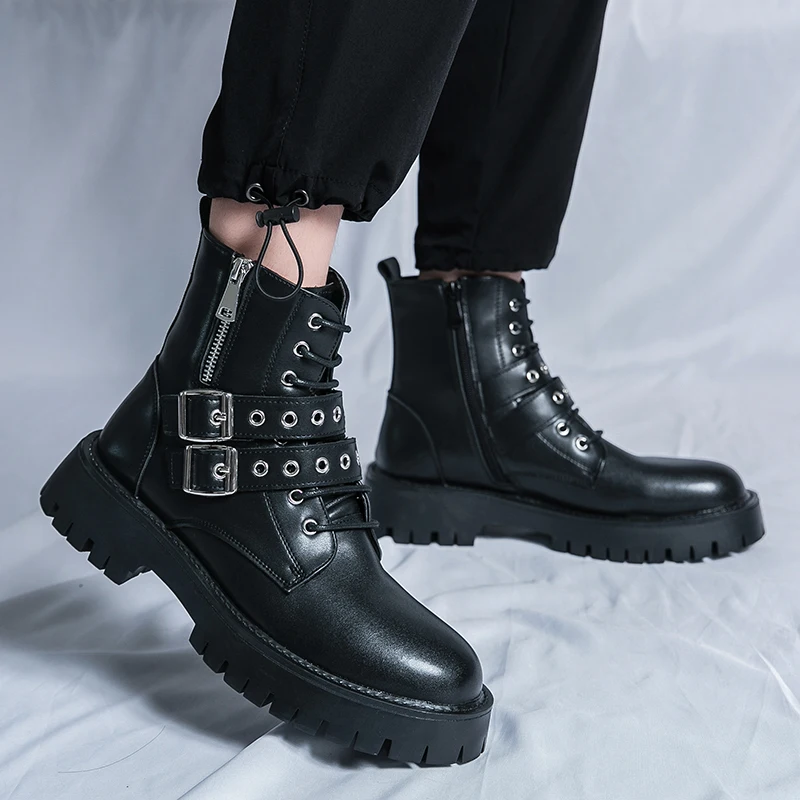 New Black Motorcycle Boots for Men Brown Lace-up Round Toe Platform Short Boots Western Boots Size 38-45