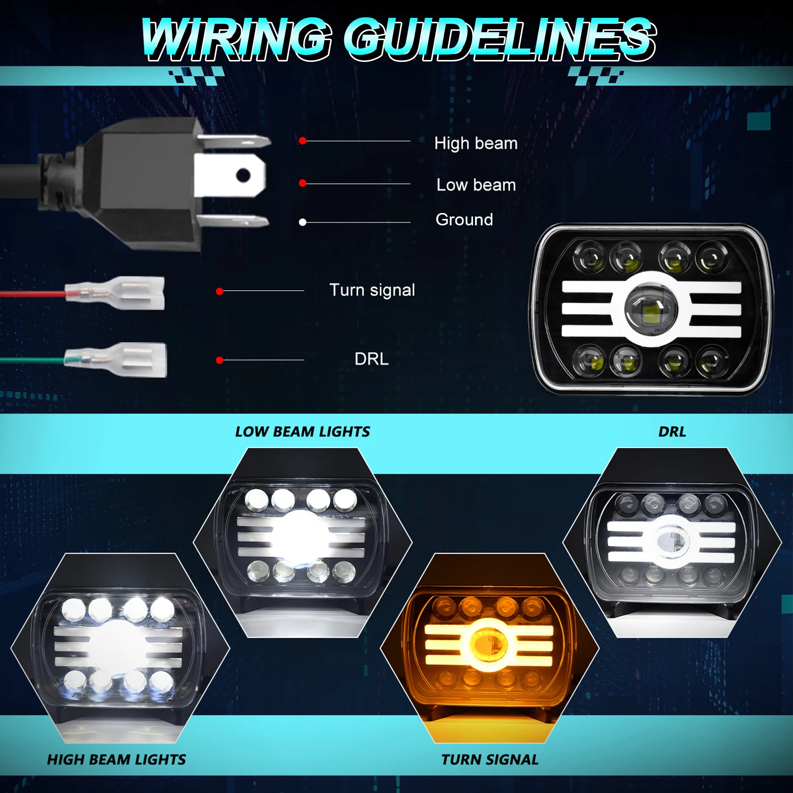 

2 шт. 7-дюймовые светодиодные фары, прямоугольные светодиодные фары с лучом DRL, замена указателя поворота для Jeep Cherokee XJ для Ford